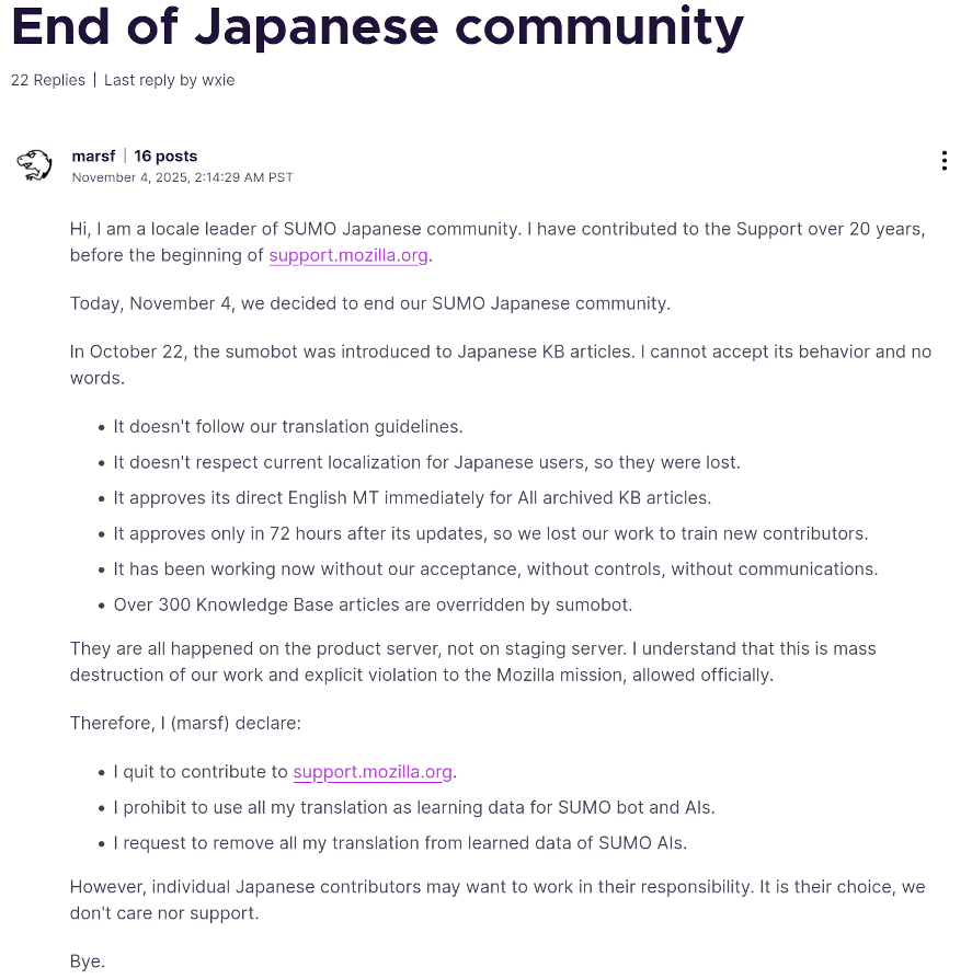 Screenshot of a post by marsf, locale leader of the Japanese SUMO community, where they quit