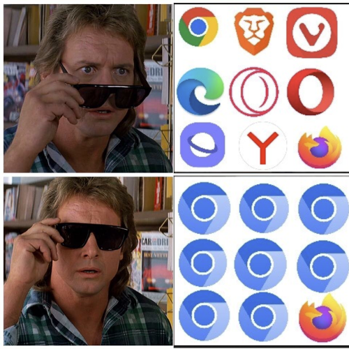 Image with two panels. Panel 1: Nada from They Live looking at a series of browsers icons, including Vivaldi, Opera, Chrome and Brave. Panel 2: Nada puts on his special sunlgasses, and all of the browsers are revealed to be Chromium browsers… except for Firefox.