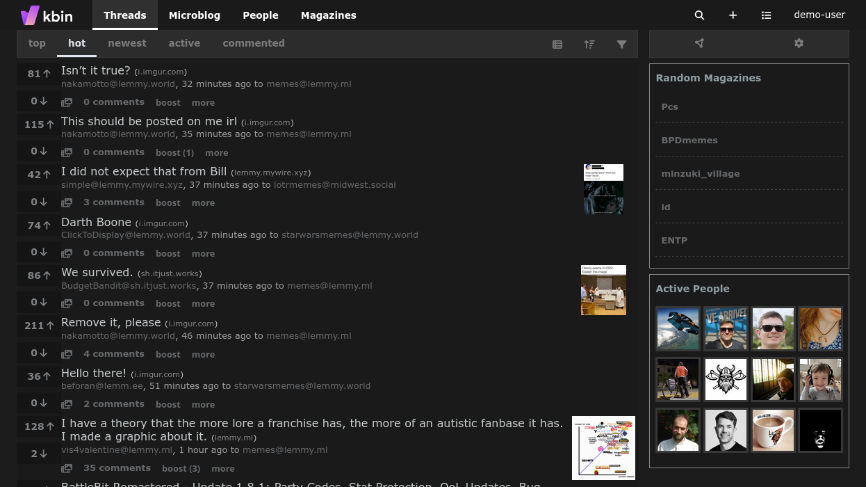 Screenshot of the home page of a Kbin instance using a lot of the old Reddit colors and styling, and the compact view