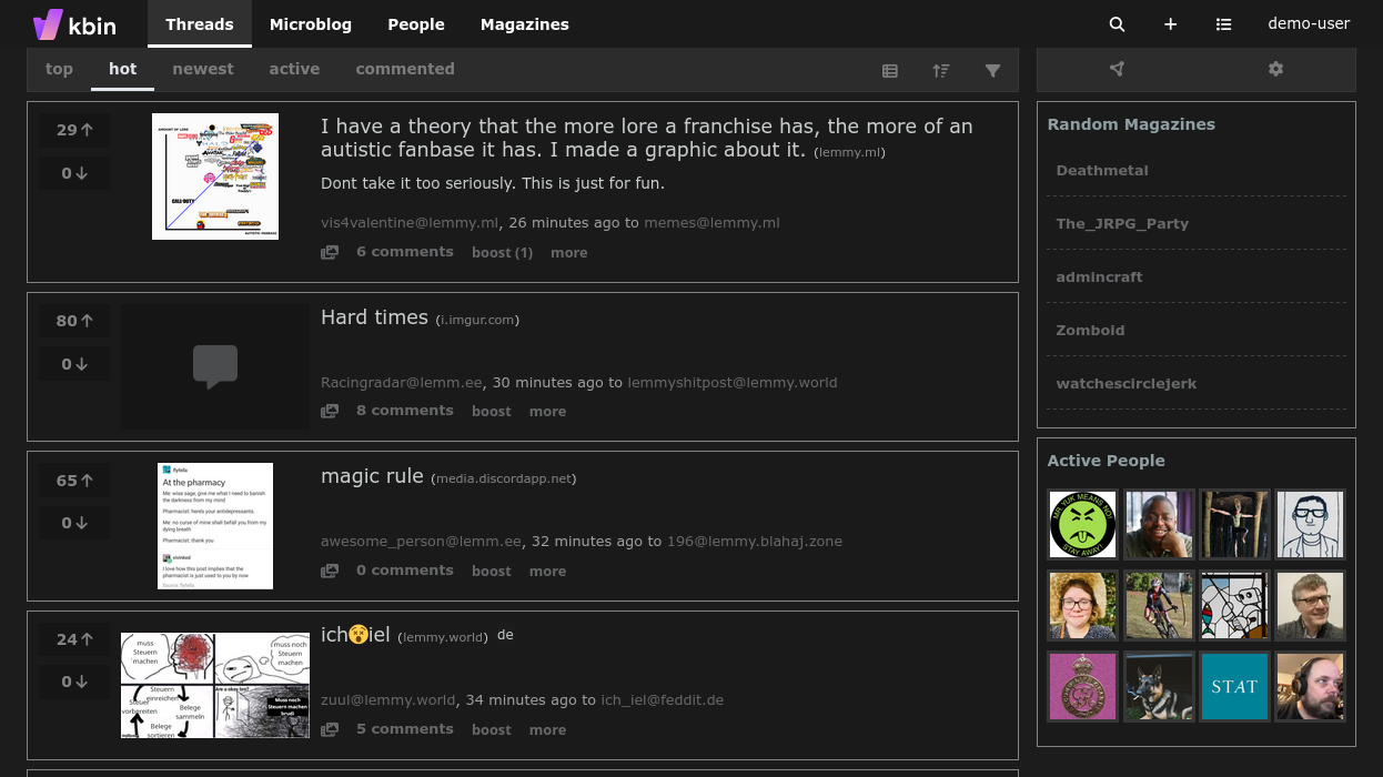 Screenshot of the home page of a Kbin instance using a lot of the old Reddit colors and styling