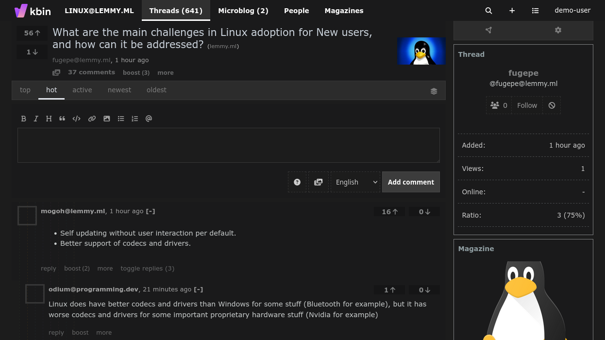 Screenshot of a post on a Kbin instance using a lot of the old Reddit colors and styling, and the compact view
