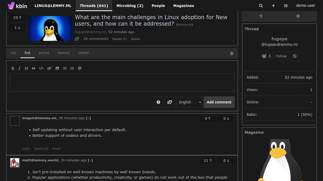 Screenshot of a post on a Kbin instance using a lot of the old Reddit colors and styling